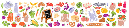 Fresh groceries hand drawn illustration, farm market food icon set, local shop product sticker print. Healthy veggies, fruit, milk, meat, organic bread, greenery village retail store. Groceries iconのイラスト素材