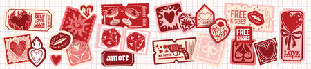 Love sticker Valentine day coupon, romantic holiday ticket print vector set, doodle hand drawn patch. February celebration cartoon badge heart sign, scrapbook mail stamps. Date love sticker designのイラスト素材