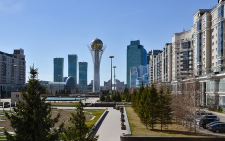 Kazakhstan. Astana. April 17, 2016. The monument Baiterek. Modern residential buildings. Business centers.のeditorial素材