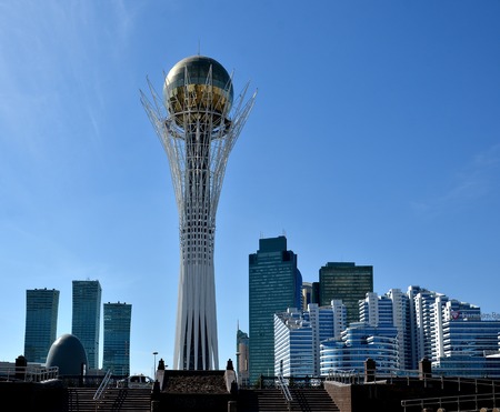 Kazakhstan. Astana. April 17, 2016. The monument Baiterek. Modern residential buildings. Business centers.のeditorial素材