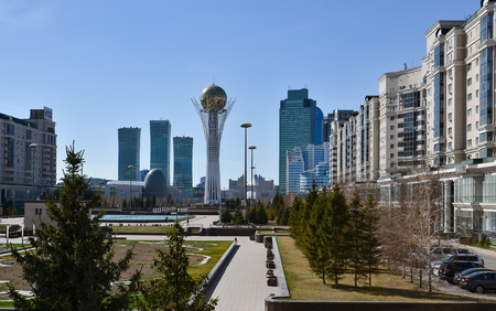 Kazakhstan. Astana. April 17, 2016. The monument Baiterek. Modern residential buildings. Business centers.のeditorial素材