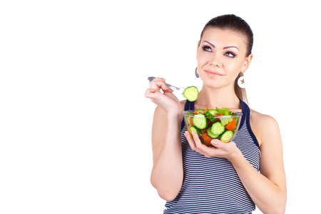 happy healthy woman with saladの写真素材