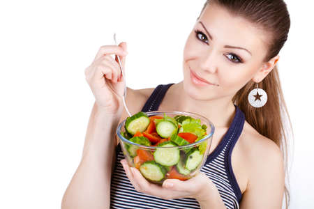 happy healthy woman with saladの写真素材