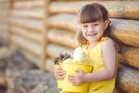 cute girl sitting in the village with her yellow chicken in the bucketの写真素材