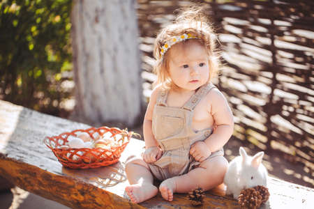 Little girl playing with rabbit in the village  Outdoor  Summer portrait の写真素材