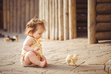 Little girl playing with rabbit in the village  Outdoor  Summer portrait の写真素材