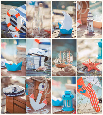 Composition of boats and nautical equipment  Sea theme decor  Outdoor の写真素材