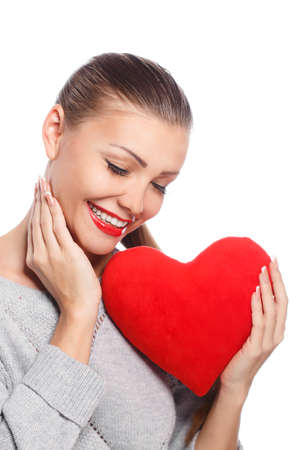 Love and valentines day woman holding heart smiling cute and adorable isolated on white background  Beautiful ethnic asian woman in love の写真素材