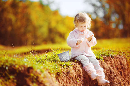 adorable little girl with autumn leaves in the beauty parkの写真素材