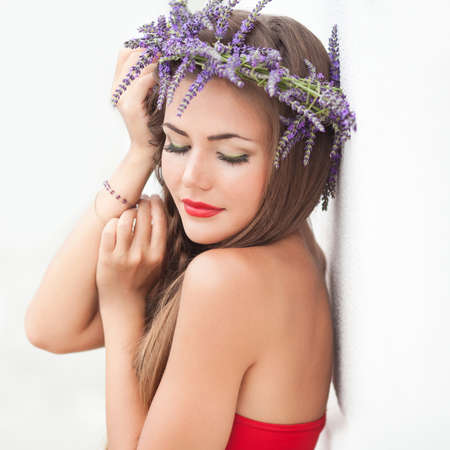 Portrait of young woman in lavender wreath  Fashion, Beauty の写真素材