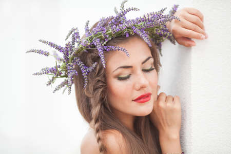 Portrait of young woman in lavender wreath  Fashion, Beauty の写真素材