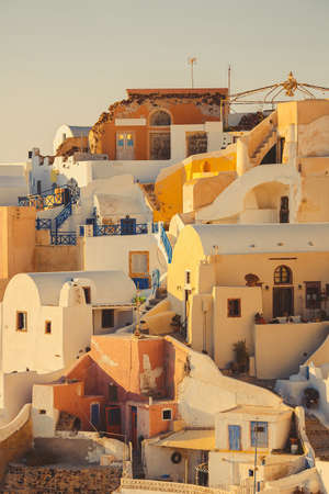 Typical and amazing colorful street in Oia city, Santorini, Greeceの写真素材