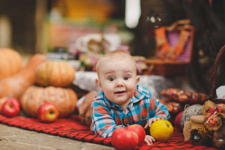 Cute baby surrounded by autumn vegetables plays in the yard in the countryside on the eve of...