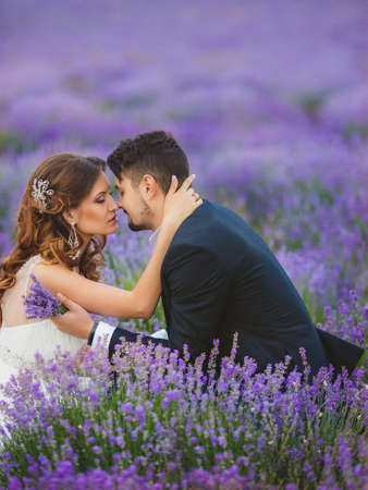 Closeup portrait of the bride and groom in wedding attire, enjoying the love Sunny summer day on the blooming lavender fields.の写真素材