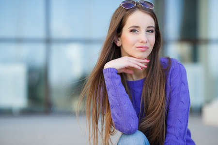 young beautiful brunette straight hair woman outdoor. Portrait Of Young Smiling Beautiful Woman. outdoor portraitの写真素材