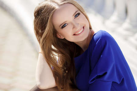 Portrait of beautiful woman outdoor in the city. Fashion womanの写真素材