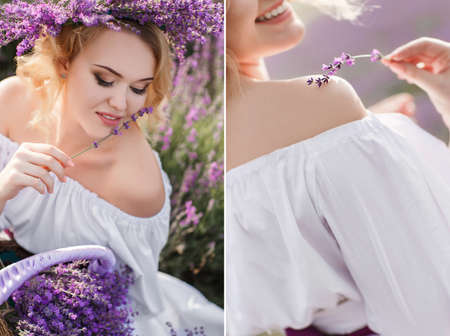 Beautiful Bride in lavender field. Newlywed woman in lavender flowers.Young woman in wedding dress outdoors. Beautiful young woman in white dress posing in a lavender field with small wicker basketの写真素材