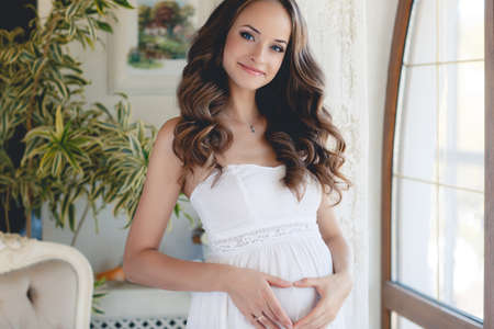 Home portrait of pregnant woman. Woman by the window at home, Home cozy portrait of pregnant woman...