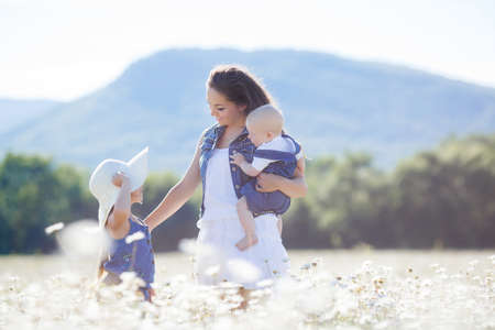 Happy family of three, mother, older sister and little brother spend time together in the highlands on a field of blooming white daisies in summer in the fresh air, mother and daughter wearing wreaths of flowers-white daisiesの写真素材