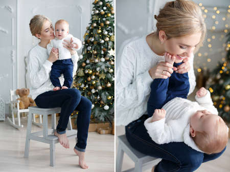 A collage of two photos, a happy mother playing with her young son, sitting in a room with fancy...