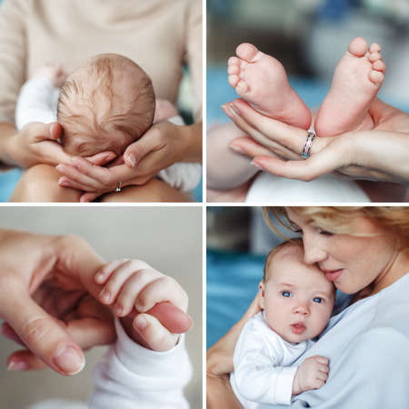 A collage of four photos of the mother and newborn child, the mother supports the baby's head resting on her lap, mother holding her son in her arms, a small child's hand rests over the index finger of the mother, the baby's legs and hands of his motherの写真素材