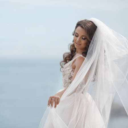 Beautiful bride stands on a cliff above the sea in a glamorous white wedding dress view of veil.Romantic beautiful bride in a white dress posing on the background sea. Happy bride in luxury dress posing on the beach.の写真素材