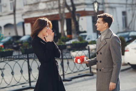 Lovely couple for a woman to love her sweetheart. Relations of happy family, future.Loving couple in the city.Love and romance.の写真素材