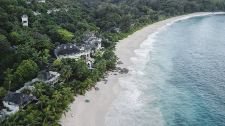 Aerial view of beautiful island at Seychelles in the Indian Ocean. Top view from drone. Spectacular...