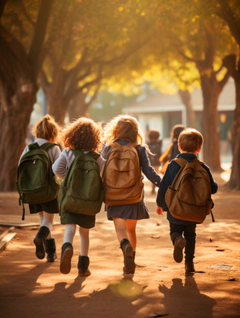 three girls and a boy with school bags run happily through a park to go to school with natural light and trees on the wayの素材