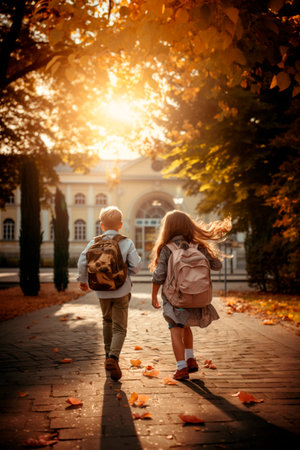 a boy and a girl with school bags back to back walk together to school outdoors in natural lightの素材