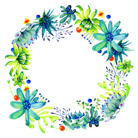 Round frame with different cactuses and succulents. Watercolor hand drawn color sketch illustration on white backgroundの写真素材