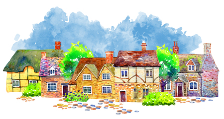 Scene with different village houses, trees and plants. Watercolor old stone Europe buildings.  Hand drawn illustration with blue spot on backgroundの写真素材