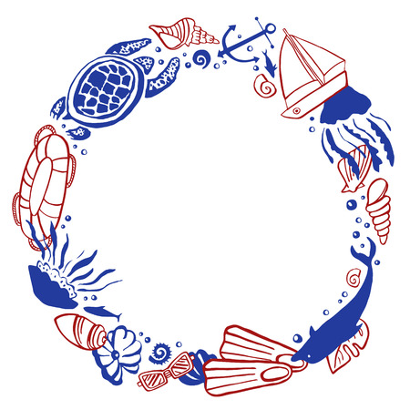 Round frame template with sealife and beach objects. Vector outline hand drawn illustration red and blue on white backgroundのイラスト素材