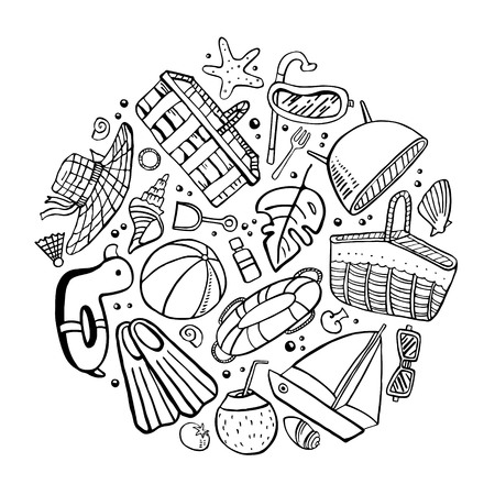 Round composition with beach and picnic objects vector outline hand drawn illustration black on white backgroundのイラスト素材