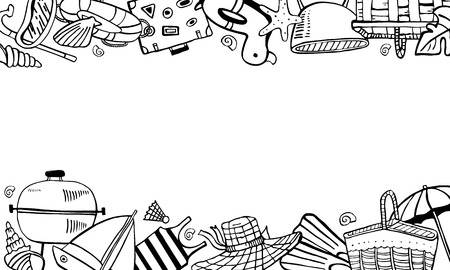 Rectangular frame with beach and picnic objects on top and bottom. Vector outline hand drawn illustration black on white backgroundのイラスト素材