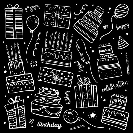Set of stylized birthday Cakes, balloons, wishes and decorations on blackboard background. Hand drawn cartoon vector sketch illustrationのイラスト素材