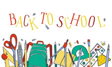 Composition with school stationery on the bottom and Back to School title. Hand drawn outline color doodle sketch vector illustration on white backgroundの写真素材