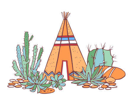 Native American indians traditional wigwam, succulents and cactuses. Vector hand drawn color outline...