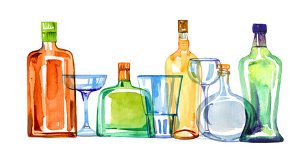 Transparent color glass alcohol bottles and drinking glasses in a row. Watercolor hand drawn sketch illustration on white backgroundの写真素材