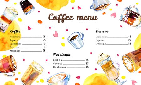 Cafe menu design template with list of coffee drinks. Watercolor hand drawn sketch illustration with glasses and mugs on white background with color spotsの写真素材