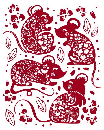 Vector papercut silhouette illustrations set with different animal characters and decorative flowers. Chinese New Year 2020. The Year of the Mouse or Rat. Red on white backgroundのイラスト素材