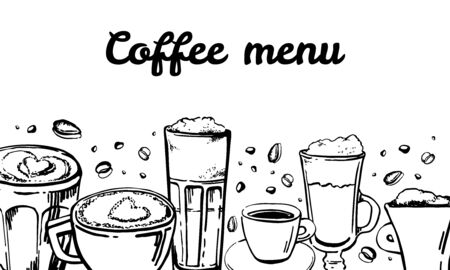 Coffee glass and mugs. Cafe munu cover design template. Vector outline sketch hand drawn illustration black on white backgroundのイラスト素材