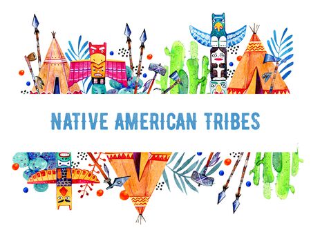 Frame template with Native American indians traditional objects on top and bottom. Wigwams, totem poles, weapons, cactuses. Hand drawn watercolor illustration on white backgroundの写真素材
