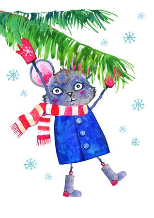 Cartoon mouse character in winter clothes hanging on a spurce branch. Hand drawn watercolor illustration on white background. 2020 Chinese New Year of  the Ratの写真素材