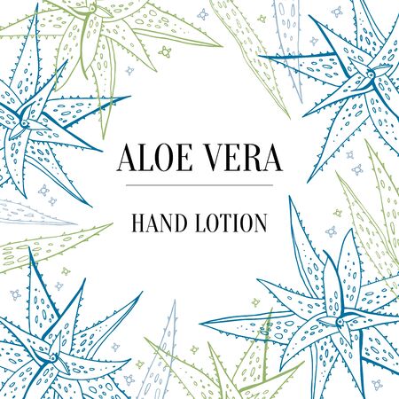 Rectangular frame with aloe vera plants. Vector hand drawn illustration. Design template for cosmetic and medicine packaging. Green colors on white backgroundのイラスト素材