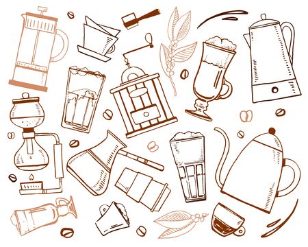 Coffee making utensils and drinks. Percolator, syphon, pour-over, cezve, french press. Hand drawn outline sketch illustration brown on white backgroundのイラスト素材