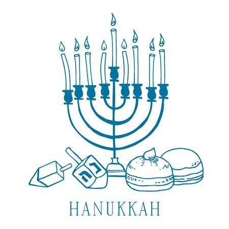 Composition with traditional Hanukkah objects. Menorah, donuts and dreidels. Hand drawn outline vector sketch illustration on white backgroundのイラスト素材