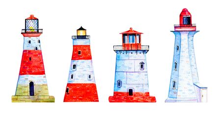Set with four red and white cartoon lighthouses. Hand drawn watercolor illustration isolated on white backgroundの写真素材