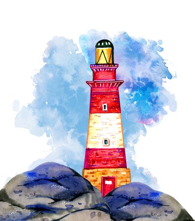 Red striped cartoon lighthouse on the stone coast with cloud on background. Hand drawn watercolor illustration isolated on white backgroundの写真素材