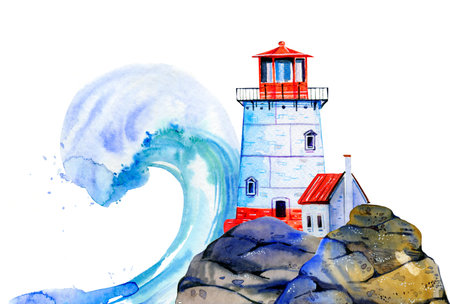 White cartoon lighthouse and small house on stone coast with wave on the background. Hand drawn watercolor illustration isolated on white backgroundの写真素材